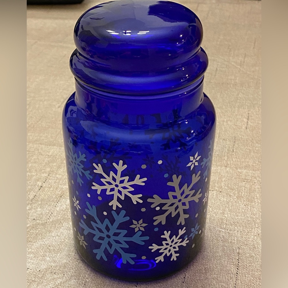 Vintage Libbey Cobalt Blue Glass Jar Canister with Lid Christmas Snowflakes
